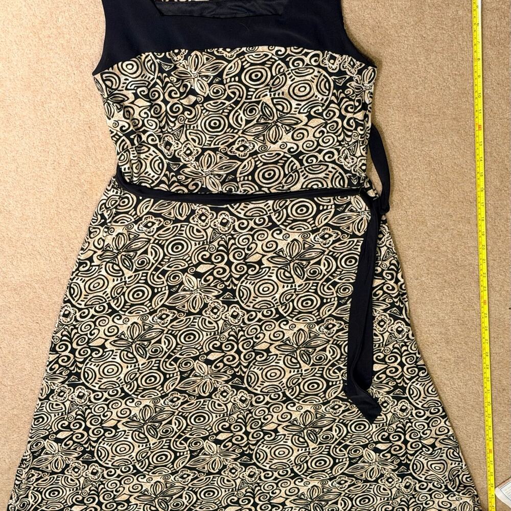 Perceptions New York A-Line Midi Dress Size 12 Black Beige Geometric Swirl Sash